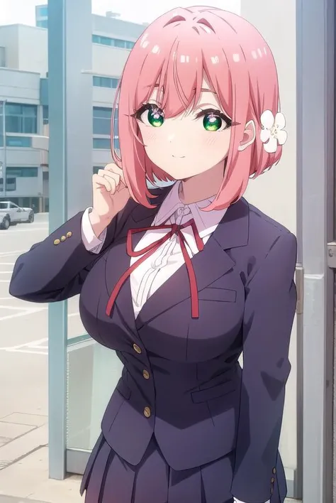 hakarihanazono, <lora:hakari hanazono s1-lora-nochekaiser:1>,
hakari hanazono, short hair, hair ornament, (green eyes:1.3), pink hair, flower, hair flower, smile,
BREAK skirt, shirt, ribbon, school uniform, jacket, white shirt, thighs, pleated skirt, black skirt, red ribbon, neck ribbon, blazer,
BREAK indoors, classroom,
BREAK looking at viewer, (cowboy shot:1.5),
BREAK <lyco:GoodHands-beta2:1>, (masterpiece:1.2), best quality, high resolution, unity 8k wallpaper, (illustration:0.8), (beautiful detailed eyes:1.6), extremely detailed face, perfect lighting, extremely detailed CG, (perfect hands, perfect anatomy),