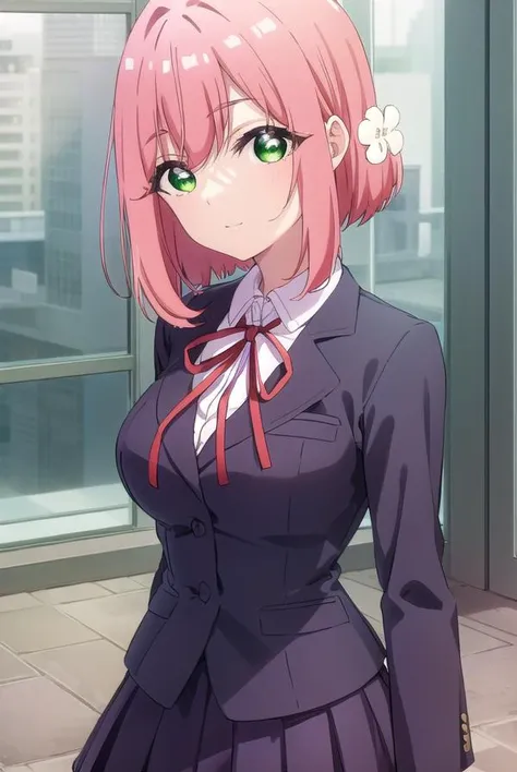hakarihanazono, <lora:hakari hanazono s1-lora-nochekaiser:1>,
hakari hanazono, short hair, hair ornament, (green eyes:1.3), pink hair, flower, hair flower, smile,
BREAK skirt, shirt, ribbon, school uniform, jacket, white shirt, thighs, pleated skirt, black skirt, red ribbon, neck ribbon, blazer,
BREAK indoors, classroom,
BREAK looking at viewer, (cowboy shot:1.5),
BREAK <lyco:GoodHands-beta2:1>, (masterpiece:1.2), best quality, high resolution, unity 8k wallpaper, (illustration:0.8), (beautiful detailed eyes:1.6), extremely detailed face, perfect lighting, extremely detailed CG, (perfect hands, perfect anatomy),