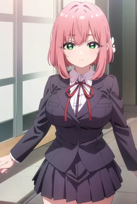 hakarihanazono, <lora:hakari hanazono s1-lora-nochekaiser:1>,
hakari hanazono, short hair, hair ornament, (green eyes:1.3), pink hair, flower, hair flower, smile,
BREAK skirt, shirt, ribbon, school uniform, jacket, white shirt, thighs, pleated skirt, black skirt, red ribbon, neck ribbon, blazer,
BREAK indoors, classroom,
BREAK looking at viewer, (cowboy shot:1.5),
BREAK <lyco:GoodHands-beta2:1>, (masterpiece:1.2), best quality, high resolution, unity 8k wallpaper, (illustration:0.8), (beautiful detailed eyes:1.6), extremely detailed face, perfect lighting, extremely detailed CG, (perfect hands, perfect anatomy),