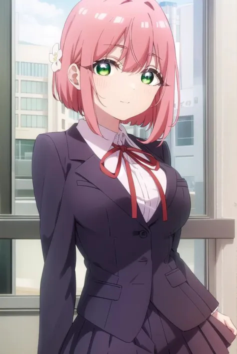 hakarihanazono, <lora:hakari hanazono s1-lora-nochekaiser:1>,
hakari hanazono, short hair, hair ornament, (green eyes:1.3), pink hair, flower, hair flower, smile,
BREAK skirt, shirt, ribbon, school uniform, jacket, white shirt, thighs, pleated skirt, black skirt, red ribbon, neck ribbon, blazer,
BREAK indoors, classroom,
BREAK looking at viewer, (cowboy shot:1.5),
BREAK <lyco:GoodHands-beta2:1>, (masterpiece:1.2), best quality, high resolution, unity 8k wallpaper, (illustration:0.8), (beautiful detailed eyes:1.6), extremely detailed face, perfect lighting, extremely detailed CG, (perfect hands, perfect anatomy),