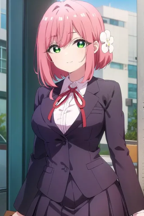 hakarihanazono, <lora:hakari hanazono s1-lora-nochekaiser:1>,
hakari hanazono, short hair, hair ornament, (green eyes:1.3), pink hair, flower, hair flower, smile,
BREAK skirt, shirt, ribbon, school uniform, jacket, white shirt, thighs, pleated skirt, black skirt, red ribbon, neck ribbon, blazer,
BREAK indoors, classroom,
BREAK looking at viewer, (cowboy shot:1.5),
BREAK <lyco:GoodHands-beta2:1>, (masterpiece:1.2), best quality, high resolution, unity 8k wallpaper, (illustration:0.8), (beautiful detailed eyes:1.6), extremely detailed face, perfect lighting, extremely detailed CG, (perfect hands, perfect anatomy),
