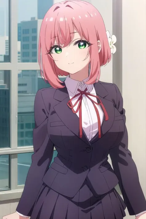 hakarihanazono, <lora:hakari hanazono s1-lora-nochekaiser:1>,
hakari hanazono, short hair, hair ornament, (green eyes:1.3), pink hair, flower, hair flower, smile,
BREAK skirt, shirt, ribbon, school uniform, jacket, white shirt, thighs, pleated skirt, black skirt, red ribbon, neck ribbon, blazer,
BREAK indoors, classroom,
BREAK looking at viewer, (cowboy shot:1.5),
BREAK <lyco:GoodHands-beta2:1>, (masterpiece:1.2), best quality, high resolution, unity 8k wallpaper, (illustration:0.8), (beautiful detailed eyes:1.6), extremely detailed face, perfect lighting, extremely detailed CG, (perfect hands, perfect anatomy),