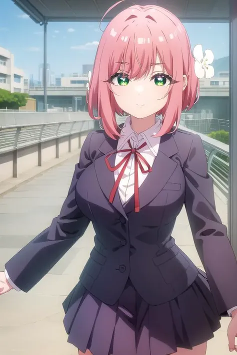 hakarihanazono, <lora:hakari hanazono s1-lora-nochekaiser:1>,
hakari hanazono, short hair, hair ornament, (green eyes:1.3), pink hair, flower, hair flower, smile,
BREAK skirt, shirt, ribbon, school uniform, jacket, white shirt, thighs, pleated skirt, black skirt, red ribbon, neck ribbon, blazer,
BREAK indoors, classroom,
BREAK looking at viewer, (cowboy shot:1.5),
BREAK <lyco:GoodHands-beta2:1>, (masterpiece:1.2), best quality, high resolution, unity 8k wallpaper, (illustration:0.8), (beautiful detailed eyes:1.6), extremely detailed face, perfect lighting, extremely detailed CG, (perfect hands, perfect anatomy),