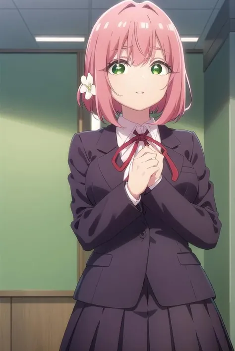 hakarihanazono, <lora:hakarihanazono-lora-nochekaiser:0.8>,
hakari hanazono, short hair, hair ornament, (green eyes:1.5), pink hair, flower, hair flower, hair between eyes, sidelocks, <lora:talkmouth_E_v100:1>, open mouth,
BREAK skirt, shirt, ribbon, school uniform, blazer, white shirt, pleated skirt, collared shirt, black skirt, red ribbon, neck ribbon,
BREAK looking at viewer,
BREAK indoors, classroom, (cowboy shot:1.5),
BREAK <lyco:GoodHands-beta2:1>, (masterpiece:1.2), best quality, high resolution, unity 8k wallpaper, (illustration:0.8), (beautiful detailed eyes:1.6), extremely detailed face, perfect lighting, extremely detailed CG, (perfect hands, perfect anatomy),