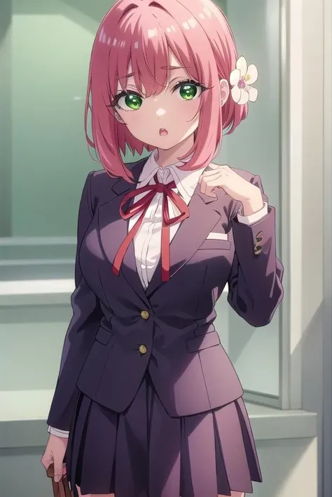 hakarihanazono, <lora:hakarihanazono-lora-nochekaiser:0.8>,
hakari hanazono, short hair, hair ornament, (green eyes:1.5), pink hair, flower, hair flower, hair between eyes, sidelocks, <lora:talkmouth_O_v100:1>, open mouth,
BREAK skirt, shirt, ribbon, school uniform, blazer, white shirt, pleated skirt, collared shirt, black skirt, red ribbon, neck ribbon,
BREAK looking at viewer,
BREAK indoors, classroom, (cowboy shot:1.5),
BREAK <lyco:GoodHands-beta2:1>, (masterpiece:1.2), best quality, high resolution, unity 8k wallpaper, (illustration:0.8), (beautiful detailed eyes:1.6), extremely detailed face, perfect lighting, extremely detailed CG, (perfect hands, perfect anatomy),