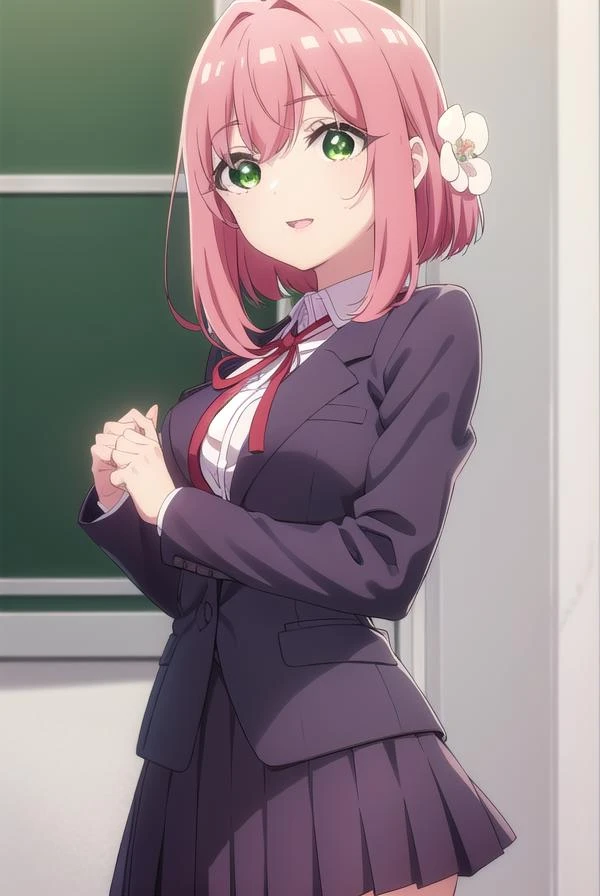 hakarihanazono, <lora:hakarihanazono-lora-nochekaiser:0.8>,
hakari hanazono, short hair, hair ornament, (green eyes:1.5), pink hair, flower, hair flower, hair between eyes, sidelocks, <lora:talkmouth_E_v100:1>, open mouth,
BREAK skirt, shirt, ribbon, school uniform, blazer, white shirt, pleated skirt, collared shirt, black skirt, red ribbon, neck ribbon, 
BREAK looking at viewer,
BREAK indoors, classroom, (cowboy shot:1.5),
BREAK <lyco:GoodHands-beta2:1>, (masterpiece:1.2), best quality, high resolution, unity 8k wallpaper, (illustration:0.8), (beautiful detailed eyes:1.6), extremely detailed face, perfect lighting, extremely detailed CG, (perfect hands, perfect anatomy),