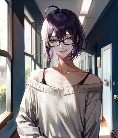 au \(d elete\, 1boy, solo, male focus, purple hair, messy hair, bob cut, hair between eyes, blue eyes, glasses, school interior, hallway, light smile, grey sweater, off shoulder, <lora:au_d_elete_offset:1>, <lora:hotarueye_hosome1_v100:0.6>