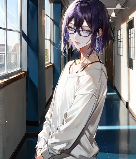 au \(d elete\, 1boy, solo, male focus, purple hair, messy hair, bob cut, hair between eyes, blue eyes, glasses, school interior, hallway, light smile, grey sweater, off shoulder, <lora:au_d_elete_offset:1>, <lora:hotarueye_hosome1_v100:0.6>