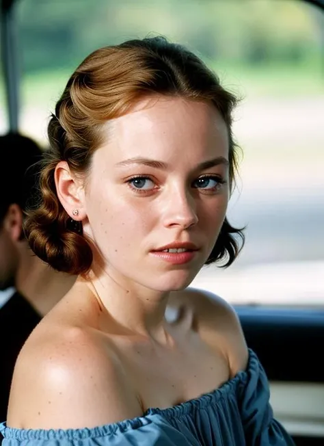 A stunning intricate color close up portrait of (sks woman:1) , wearing Off-the-shoulder dress, epic character composition, sharp focus, natural lighting, subsurface scattering, f2, 35mm, film grain, , by Gerda Taro, <lora:lora-small-elizabeth-banks-v1:1>