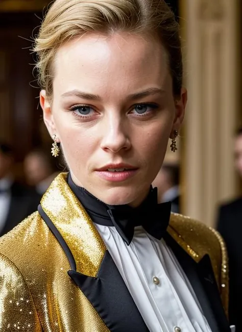 A stunning intricate color close up portrait of (sks woman:1) , wearing Tuxedo jacket and tailored trousers, epic character composition, sharp focus, natural lighting, subsurface scattering, f2, 35mm, film grain, , by Tim Walker, <lora:lora-small-elizabeth-banks-v1:1>