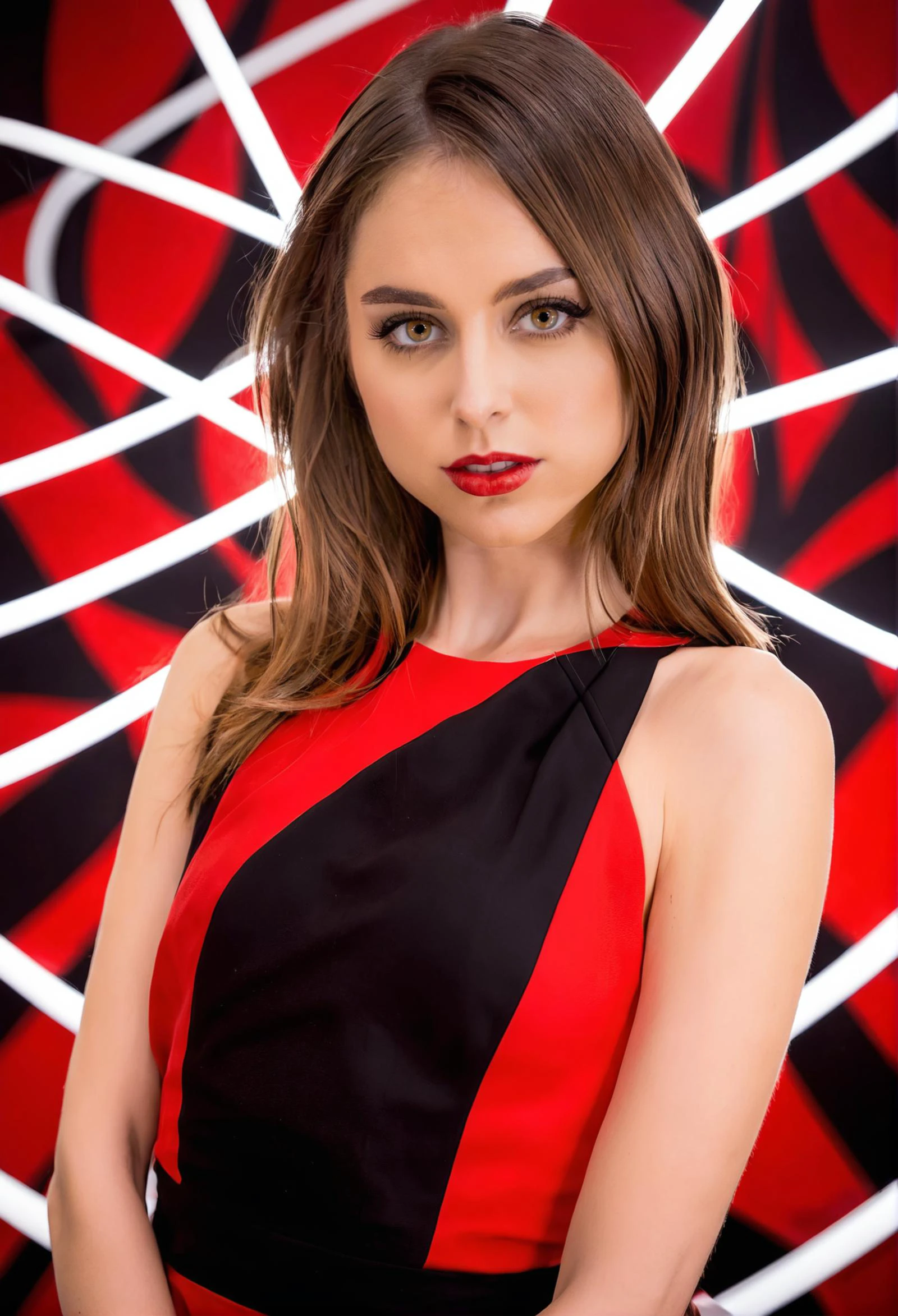 fashion photo, wide angle, high fashion, woman, abstract background, red, black, modern and elegant, upper body,
<lora:rileyreid_SDXL:0.8> Riley Reid