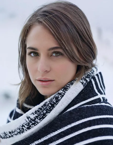 Riley Reid, closeup, mouth closed,Atop a snow-covered mountain, with the world below shrouded in a serene blanket of white, stands a cinematic photo, full body shot focus, Photorealistic portrait in breathtaking detail, photo scanned at ultra-high resolution, by Helmut Newton and Peter Lindbergh. Soft light source from the side, captivating expression, flawless skin, 35mm photograph, film, bokeh, professional, 4k, highly detailed