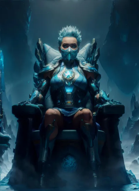 masterpiece, best quality, 1girl, <lora:frost:1>, closeup, portrait, ((sitting on a frozen large throne)), spiked hair, ((mask)), ((cybernetic legs)), spike limbs, frost on metal, implants, gaze, blizzard, snow, (frozen shaolin temple, stone stairs, mountain range:0.9), overcast,  complex background, detailed