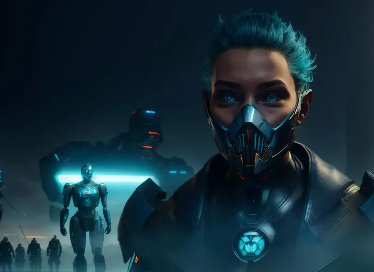 masterpiece, best quality, 1girl, <lora:frost:1>, portrait, standing next to a robot, cyborg factory, marching androids in the background, army, ruler, ominous, ((mask)), frost and ice, overcast, complex background, detailed