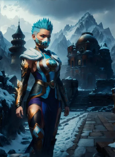 masterpiece, best quality, 1girl, <lora:frost-10:1>, looking at viewer, spiked hair, ((mask)), implants, gaze, blizzard, snow, (frozen shaolin temple, stone stairs, mountain range:0.9), overcast, complex background, detailed