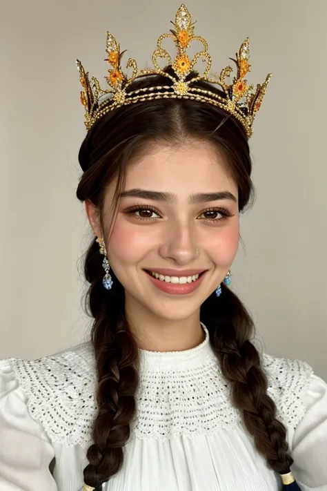 photo of <lora:sd15_locon_MahiyeSelin_16_v1.0:.9> MahiyeSelin, focus on eyes, close up on face, laughing, wearing jewelry, hair styled as dutch crown braid, vignette
