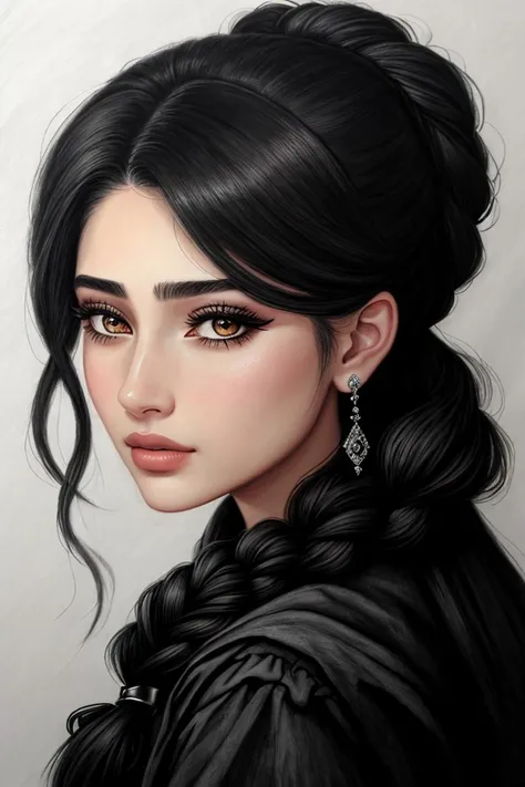 (charcoal drawing, dark, contrast, highly detailed, textured:1.15), <lora:sd15_locon_MahiyeSelin_16_v1.0:.9> MahiyeSelin , focus on eyes, close up on face, wearing jewelry, hair styled as fishtail braided chignon, vignette