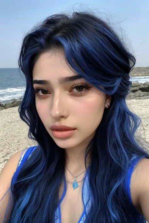 photo of <lora:sd15_locon_MahiyeSelin_16_v1.0:.9> MahiyeSelin, focus on eyes, close up on face, pouting, wearing jewelry, Pale Cornflower Blue hair styled as beachy waves hair,