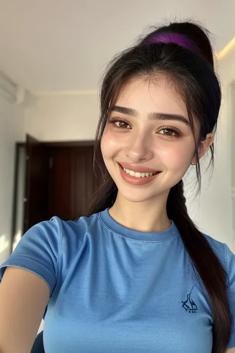 close range of photo of <lora:sd15_locon_MahiyeSelin_16_v1.0:.9> MahiyeSelin, focus on smiling face, wearing a tshirt and jeans , her sapphire color hair is styled as high ponytail hair,