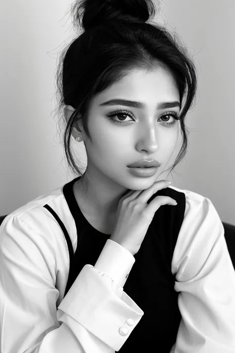 breathtaking, award-winning, professional, highly detailed, photo of <lora:sd15_locon_MahiyeSelin_16_v1.0:.9> MahiyeSelin, focus on eyes, close up on face, pouting, wearing jewelry, hair styled as simple bun, black and white