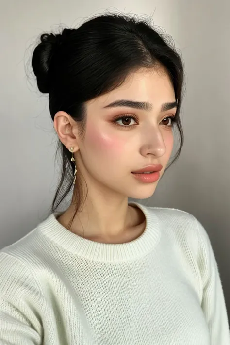 close range of photo of <lora:sd15_locon_MahiyeSelin_16_v1.0:.9> MahiyeSelin, focus on face, side view wearing a thin sweater , her hair is styled as voluminous updo,