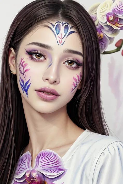 (watercolor painting:1.2) of <lora:sd15_locon_MahiyeSelin_16_v1.0:.9> MahiyeSelin, close up on face, focus on eyes, (orchid face paint:1.2)