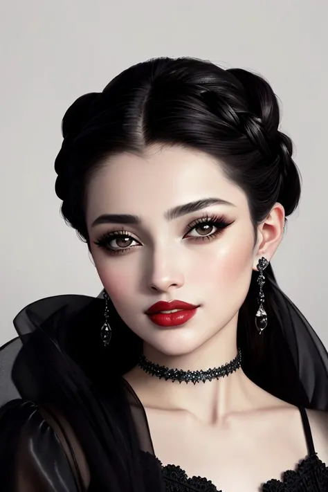 (tenebrist painting, high contrast, dramatic lighting, Caravaggio style:1.15), <lora:sd15_locon_MahiyeSelin_16_v1.0:.9> MahiyeSelin makeup wing eyeliner plum lipstick, focus on eyes, close up on face, grinning, wearing jewelry, hair styled as crown braid, black and white