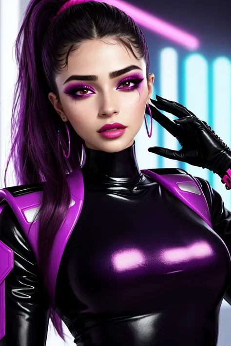 (neonpunk style, cyberpunk, vaporwave, neon, vibes, vibrant, stunningly beautiful, crisp, detailed, sleek, ultramodern, magenta highlights, dark purple shadows, high contrast, cinematic, ultra detailed, intricate, professional:1.15), headshot of <lora:sd15_locon_MahiyeSelin_16_v1.0:.9> MahiyeSelin makeup wing eyeliner plum lipstick, focus on smiling face, side view wearing a tshirt and jeans , her hair is styled as sleek ponytail,