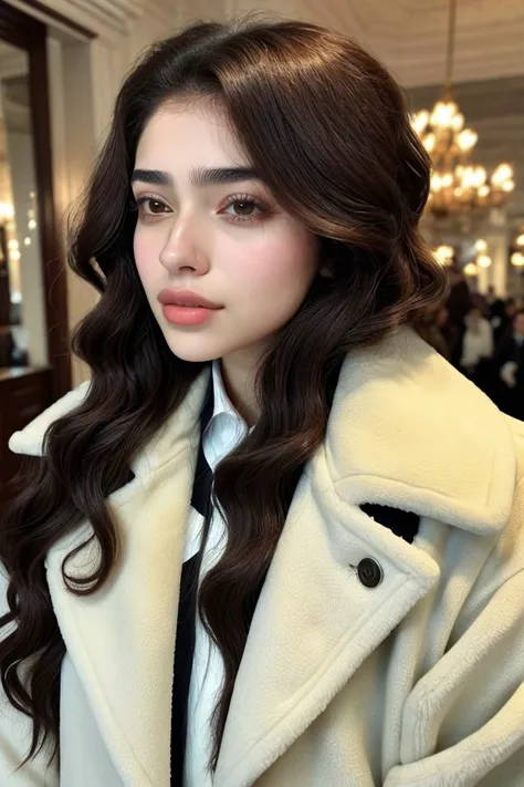 close range of photo of <lora:sd15_locon_MahiyeSelin_16_v1.0:.9> MahiyeSelin, focus on face, wearing a fur-lined jacket , her hair is styled as Curly Victorian Waves,