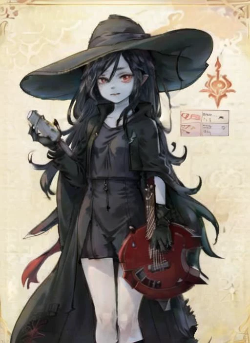 ((best quality)), ((highly detailed)), masterpiece, ((official art)), (detailed eyes, deep eyes), (1girl), <lora:marcelineAdventureTime_v10:.7>, MarcelineWaifu, pale skin, very long hair, black hair, red eyes, glowing eyes, fangs, small breasts, sun hat, holding umbrella, <lora:blackMageFashion_v10:.3>, mage_glam, wearing mage_glam, final fantasy xiv black mage, (final fantasy black mage robes and hat, black gloves, mage robe with goldenrunes embroidery, magical runes:1.2), guitar, ((axe guitar)), red guitar, spoken musical note, ((singing))