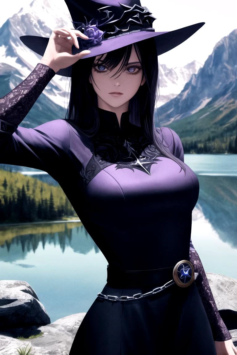 (highly detailed:1.3),
edgBlkMage, a woman in a purple hat and dress , wearing edgBlkMage, upper body, dynamic pose, rocky mountain background, lake,
Ultra-detail,(highres:1.1),best quality,(masterpiece:1.3),specular lighting,
(highly detailed face and eyes:0.6), <lora:edgBlackMage:0.2>