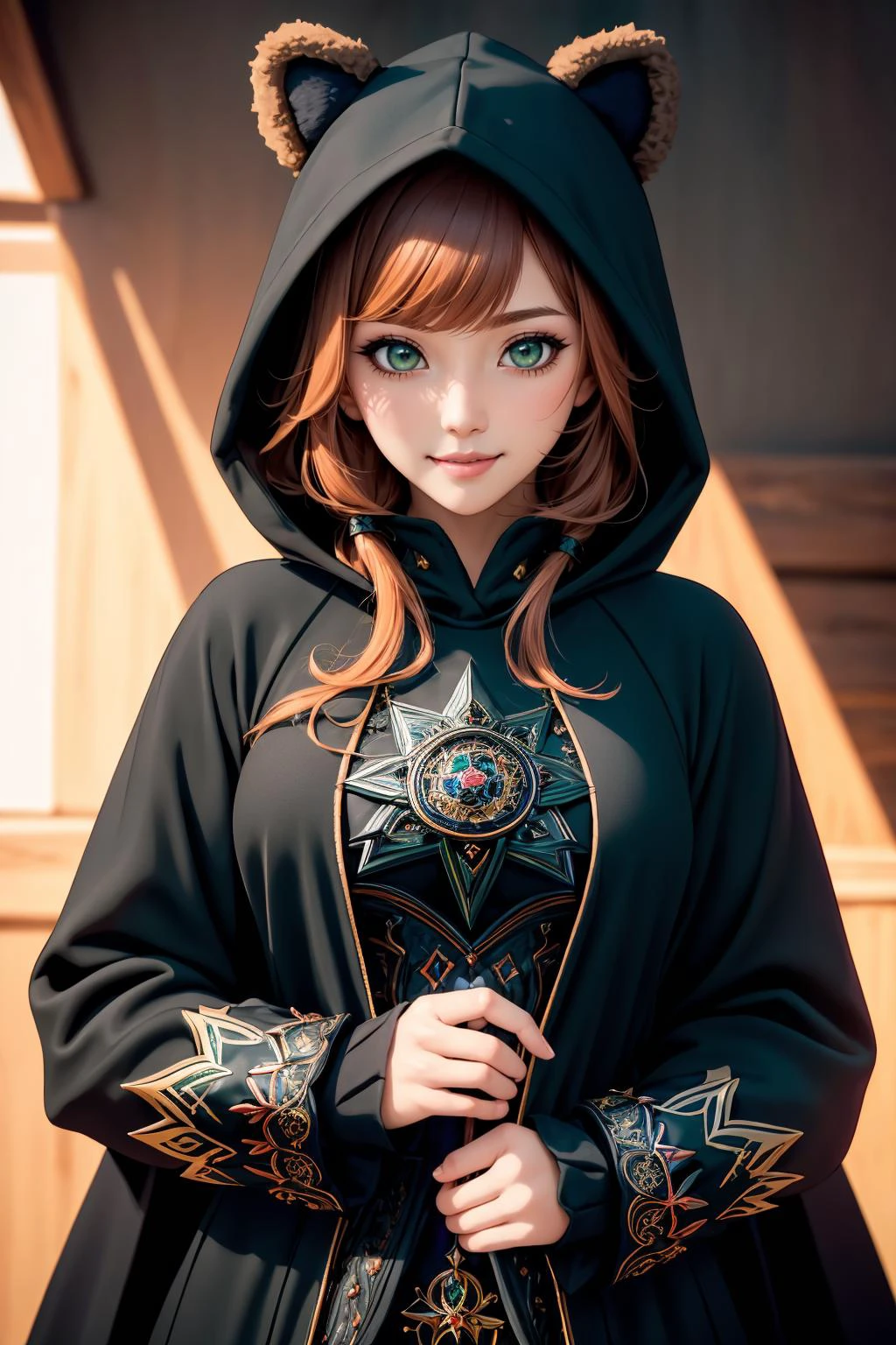 ultra detailed, sharp focus, best quality, masterpiece, colorful, <lora:edgBlackMage:0.45> edgBlkMage, wearing edgBlkMage, ginger hair, smile, green eyes, puffy lips, full lips, best quality, masterpiece, intricate details, cowboy shot, <lora:p0tatcaho:0.8> p0tatcaho,animal hood, bear hoodie, hood up