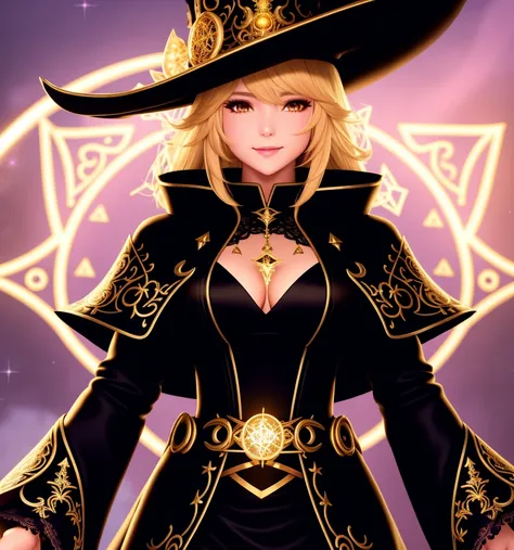 Masterpiece, 4K, highly detailed, magic, fantasy universe, final fantasy xiv black mage, beautiful woman wearing mage_glam,blonde hair, (final fantasy black mage robes and hat, black gloves, beautiful mage robe with superb golden runes embroidery, magical runes:1.2), casting a spell,(upper body closeup:1.3), smiling at the viewer, dark haired black mage, extreme amount of detail, analog style, magical glowing colors, symmetric, centered, closeup, feminine, athletic, fit, narrow waist, high, contrasted colors, realistic body proportions, realistic, photo-realistic, 8k, highly detailed, led light, laser lights,fruit-flavored, (thepit bimbo:0.5), glossy,anatomically correct, symmetrical anatomy, high fantasy castle background, pixies,<lora:Mage_Glam:0.355>,