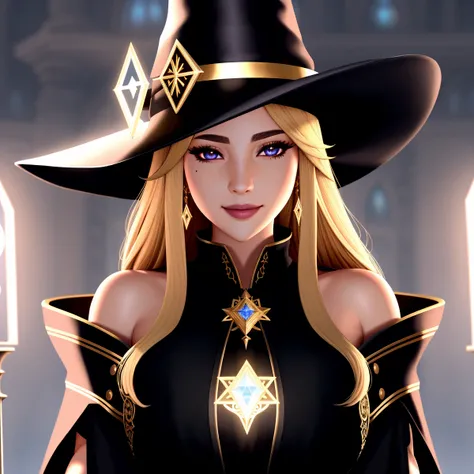 Masterpiece, 4K, highly detailed, magic, fantasy universe, final fantasy xiv black mage, beautiful woman wearing mage_glam,blonde hair,  (final fantasy black mage robes and hat, black gloves, beautiful mage robe with superb golden runes embroidery, magical runes:1.2), casting a spell,(upper body closeup, very beautifully detailed face:1.3), smiling at the viewer, dark haired black mage, extreme amount of detail, analog style, magical glowing colors, symmetric, centered, closeup, feminine, athletic, fit, narrow waist, high, contrasted colors,  realistic body proportions, realistic, photo-realistic, 8k, highly detailed, led light, laser lights,fruit-flavored, (thepit bimbo:0.5), glossy,anatomically correct, symmetrical anatomy,  high fantasy castle background, pixies,<lora:Mage_Glam:0.355>,