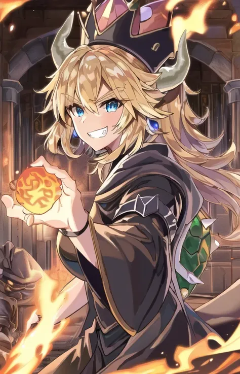 ((best quality)), ((highly detailed)), masterpiece, ((official art)), (detailed eyes, deep eyes), (1girl:1.33, solo), <lora:blackMageFashion_v10:.3>, mage_glam, wearing mage_glam, final fantasy xiv black mage, (final fantasy black mage robes and hat, black gloves, mage robe with golden runes embroidery, magical runes:1.2), (glowing magic runes),
(<lora:bowsetteCharacterLora_v10:1>, claw pose, evil grin, , <lora:Firevfx_v1:.5>, Fireball being thrown, hard shadows, ((in a castle with a lava moat)))