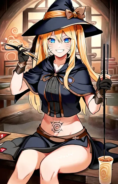 ((best quality)), ((highly detailed)), masterpiece, ((official art)), (detailed eyes, deep eyes), (1girl:1.33, solo), <lora:blackMageFashion_v10:.3>, mage_glam, wearing mage_glam, final fantasy xiv black mage, (final fantasy black mage robes and hat, black gloves, mage robe with golden embroidery, magical runes:1.2), (glowing magic runes),
(<lora:characterNarukoV1:.6>, naruko \(naruto\), (facial marks), blond hair, long hair, twin tails, blue eyes, orange jacket, fishnet, orange pants, headband, stomach tattoo, bowl of ramen, sitting at table, happy grin, chopsticks)