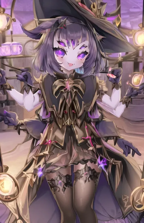 ((best quality)), ((highly detailed)), masterpiece, ((official art)), (detailed eyes, deep eyes), (1girl:1.33, solo), <lora:blackMageFashion_v10:.7>, mage_glam, wearing mage_glam, final fantasy xiv black mage, (final fantasy black mage robes and hat, black gloves, mage robe with golden runes embroidery, magical runes:1.2), (glowing magic runes),
(<lora:muffet_v1:1>, muffet, 5 eyes, spider girl, (6 arms), detailed hands, ((fangs)), purple eyes, ((purple colored skin:1)), :), holding teacup, teapot, in a bakery, ((spider webs)))