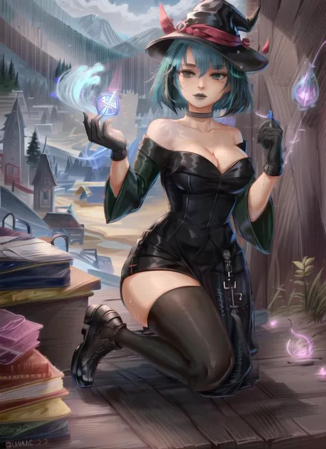 ((best quality)), ((highly detailed)), masterpiece, (detailed eyes, deep eyes), (1girl), full body, <lora:hairdetailer:1>, <lora:gwenTotalDramaIsland_v03:1>, Gwen (total drama), black eyes, short hair, bangs, blue hair, green hair, streaked hair, black streaks, makeup, blue lips, black lips, breasts, black choker, collarbone, goth, wet <lora:blackMageFashion_v10:.3>, mage_glam, wearing mage_glam, final fantasy xiv black mage, (final fantasy black mage robes and hat, black gloves, mage robe with goldenrunes embroidery, magical runes:1.2), (glowing magic runes), see-through clothes, outside, at a camp site