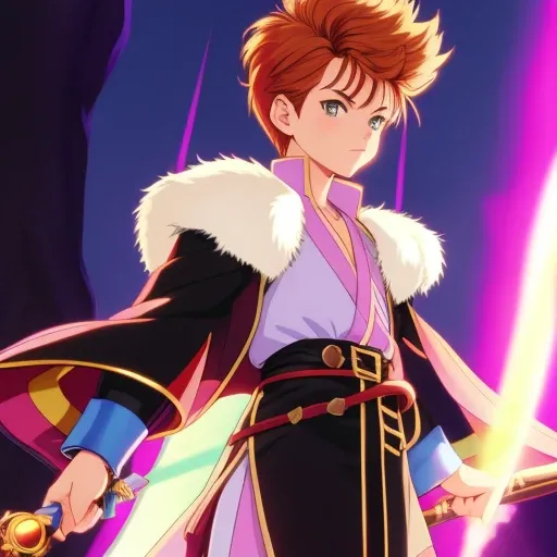(80s anime style), androgynous, magical girl, flat chest, pixie cut, chestnut short hair, gs-boyish, fantasy, black mage, black robe, <lora:Oriental_Mage:1> town in flames background,