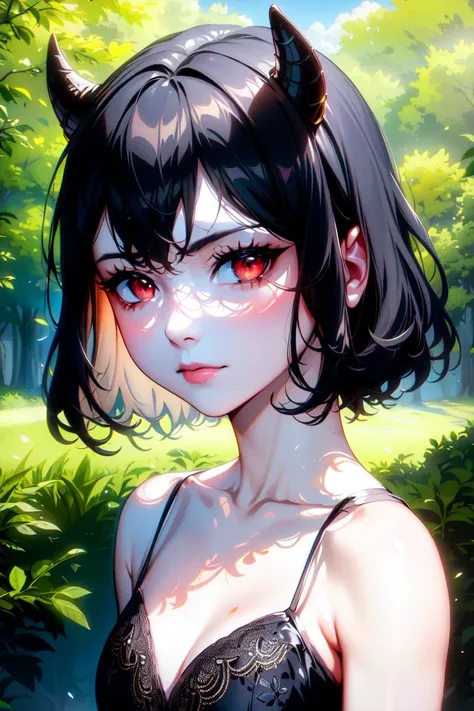 ultra realistic 8k cg, masterpiece, ((ultra detailed background, delicate pattern, intricate detail)), (highly detailed, fine details), best quality, 1girl, (photorealistic:1.4),beautiful lighting, absurdres, RAW photo, film grain, ((medium breasts, slim girl)), NeroV2, 1girl, short hair, solo, (small black horns), black hair, red eyes, dress, black dress, collarbone, closed mouth, bare shoulders, hair between eyes, cleavage, ((small breasts, slim girl)), ((close-up, portrait)), (complex detailed background, outside, nature environment, trees, sunny, blue sky, sky), <lora:NeroV2:0.8>