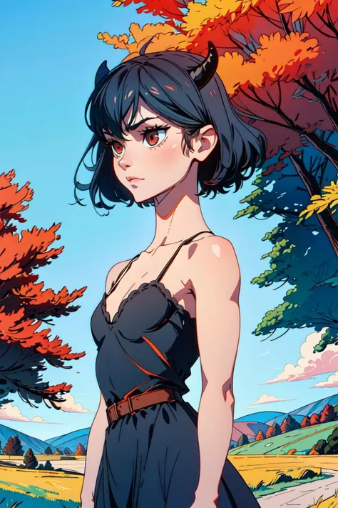 masterpiece, ((ultra detailed background, delicate pattern, intricate detail)), (highly detailed, fine details), best quality, ((medium breasts, slim girl)), NeroV2, 1girl, short hair, solo, black hair, red eyes, dress, black dress, collarbone, closed mouth, bare shoulders, hair between eyes, cleavage, ((small breasts, slim girl)), ((cowboy shot, small black horns)), thin horns, very small horns, (complex detailed background, outside, nature environment, trees, sunny, blue sky, sky), <lora:NeroV2:0.9>