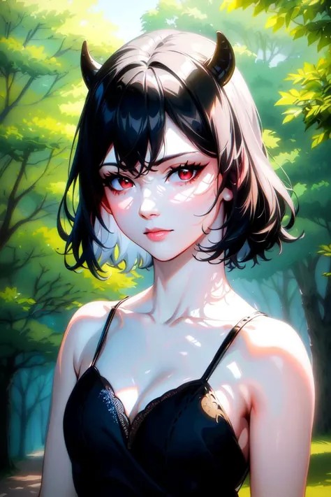 ultra realistic 8k cg, masterpiece, ((ultra detailed background, delicate pattern, intricate detail)), (highly detailed, fine details), best quality, 1girl, (photorealistic:1.4),beautiful lighting, absurdres, RAW photo, film grain, ((medium breasts, slim girl)), NeroV2, 1girl, short hair, solo, (small black horns), black hair, red eyes, dress, black dress, collarbone, closed mouth, bare shoulders, hair between eyes, cleavage, ((small breasts, slim girl)), ((close-up, portrait)), (complex detailed background, outside, nature environment, trees, sunny, blue sky, sky), <lora:NeroV2:0.8>