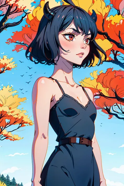 masterpiece, ((ultra detailed background, delicate pattern, intricate detail)), (highly detailed, fine details), best quality, ((medium breasts, slim girl)), NeroV2, 1girl, short hair, solo, black hair, red eyes, dress, black dress, collarbone, closed mouth, bare shoulders, hair between eyes, cleavage, ((small breasts, slim girl)), ((cowboy shot, small black horns)), thin horns, very small horns, (complex detailed background, outside, nature environment, trees, sunny, blue sky, sky), <lora:NeroV2:0.9>