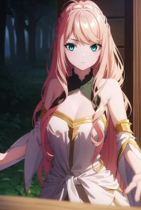 lexiavonarselia, <lora:lexiavonarselia-lora-nochekaiser:1>,
lexia von arselia, long hair, blonde hair, (green eyes:1.5), ponytail, pink hair,
BREAK dress, bare shoulders, detached sleeves, white dress,
BREAK looking at viewer, full body,
BREAK outdoors, forest, nature,
BREAK <lyco:GoodHands-beta2:1>, (masterpiece:1.2), best quality, high resolution, unity 8k wallpaper, (illustration:0.8), (beautiful detailed eyes:1.6), extremely detailed face, perfect lighting, extremely detailed CG, (perfect hands, perfect anatomy),