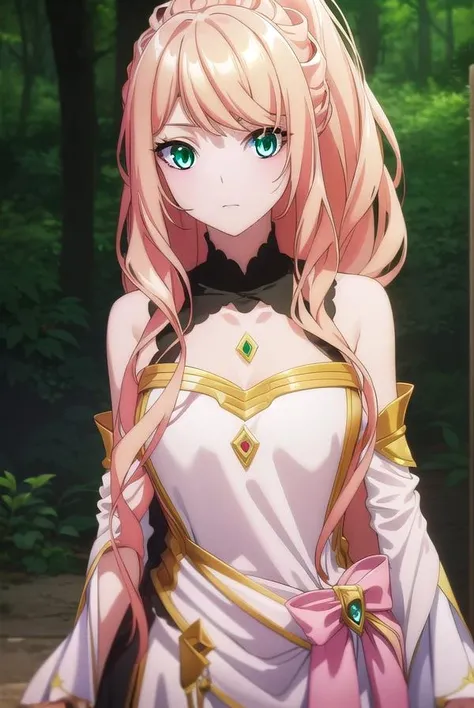 lexiavonarselia, lexia von arselia, long hair, blonde hair, (green eyes:1.5), ponytail, pink hair, (((big breast))), visible chest, large breast, BREAK dress, bare shoulders, detached sleeves, white dress, BREAK looking at viewer, full body, BREAK outdoors, forest, nature, BREAK (masterpiece:1.2), best quality, high resolution, unity 8k wallpaper, (illustration:0.8), (beautiful detailed eyes:1.6), extremely detailed face, perfect lighting, extremely detailed CG, (perfect hands, perfect anatomy),