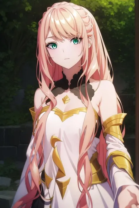 lexiavonarselia, <lora:lexiavonarselia-lora-nochekaiser:1>,
lexia von arselia, long hair, blonde hair, (green eyes:1.5), ponytail, pink hair,
BREAK dress, bare shoulders, detached sleeves, white dress,
BREAK looking at viewer, full body,
BREAK outdoors, forest, nature,
BREAK <lyco:GoodHands-beta2:1>, (masterpiece:1.2), best quality, high resolution, unity 8k wallpaper, (illustration:0.8), (beautiful detailed eyes:1.6), extremely detailed face, perfect lighting, extremely detailed CG, (perfect hands, perfect anatomy),