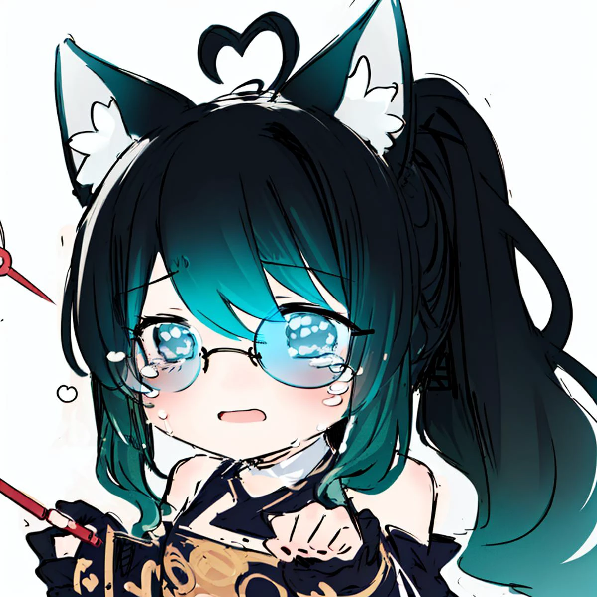 (((chibi, 1girl, (sketch:1.2), solo, <lora:Sesield:1.3> ))), zeyan, 1girl, hair ornament, blue d-pad hair ornament, ponytail, black hair, multicolored hair, gradient hair, ((round eyewear:1.5)), heart ahoge, long hair, open mouth, sad, crying, animal ears, animal ear fluff, sweater, <lora:ZeyanMoeV6:0.4:lbw=CHARACTER>,