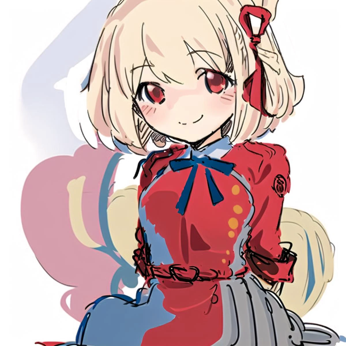 chibi, 1girl, sketch, solo, white background ,arms behind back
red_jacket, ribbon,red_eyes,blond hair,short hair,hair_ribbon,smile,
<lora:sesieldBweeehArtist_bweeehv1:1>, <lora:lycorisRecoil_chisatoV10:1>.
,BREAK