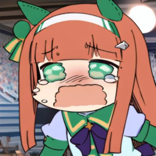 (1girl), SilenceSuzuka , Racing suit, chibi, sobbing, <lora:wuwu:1.7>, Aniscreen, green eyes, upper body, stadium,