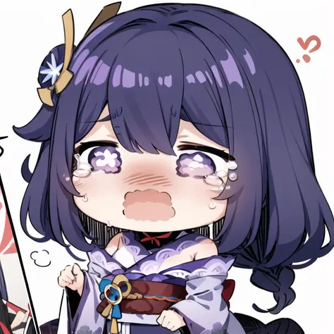 1girl, chibi, purple hair, purple eyes, raiden shogun, kimono, sobbing, white background <lora:Sesield:1>
